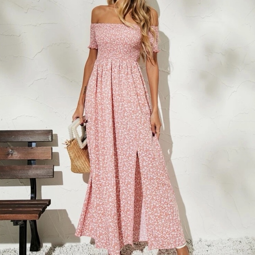 Boho pink white floral print shirred slit thigh maxi dress